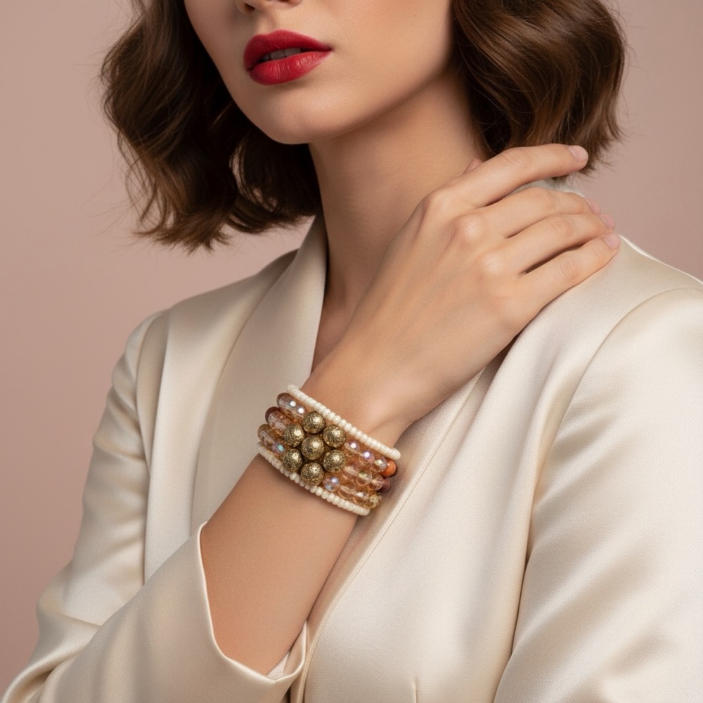 Stackable Beaded Bracelet Set - Cream & Gold - Picture 3 of 6